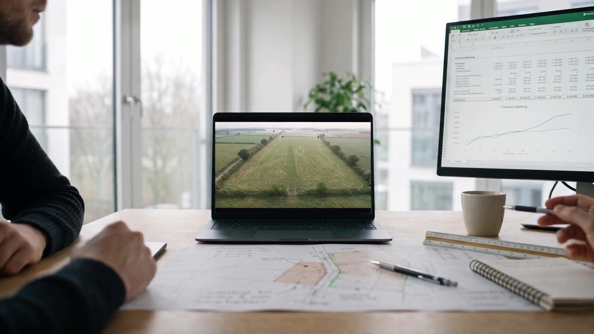 A desk by a window: site plans, a laptop showing the field from the air and a monitor with a financial planning sheet