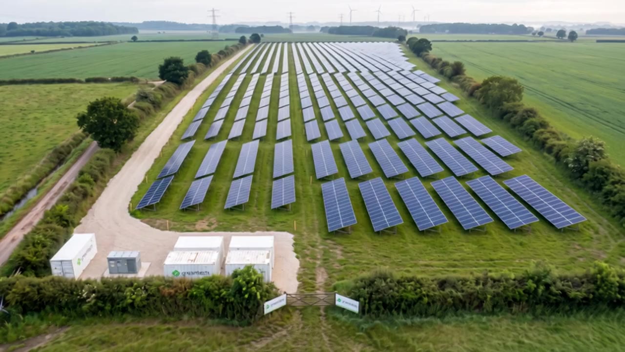 The solar park just finished, seen from the air: rows of modules on the field, white battery containers by the gate