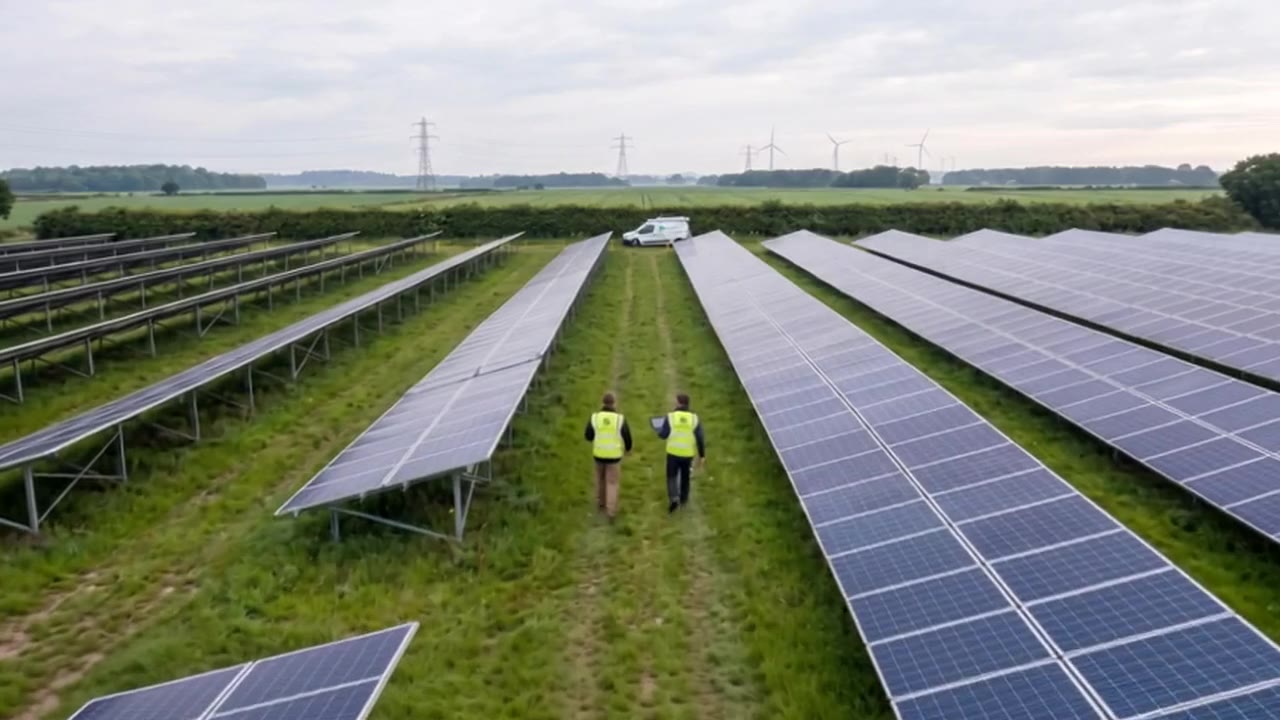 Two maintenance engineers in high-visibility vests walk a grass lane between two rows of modules