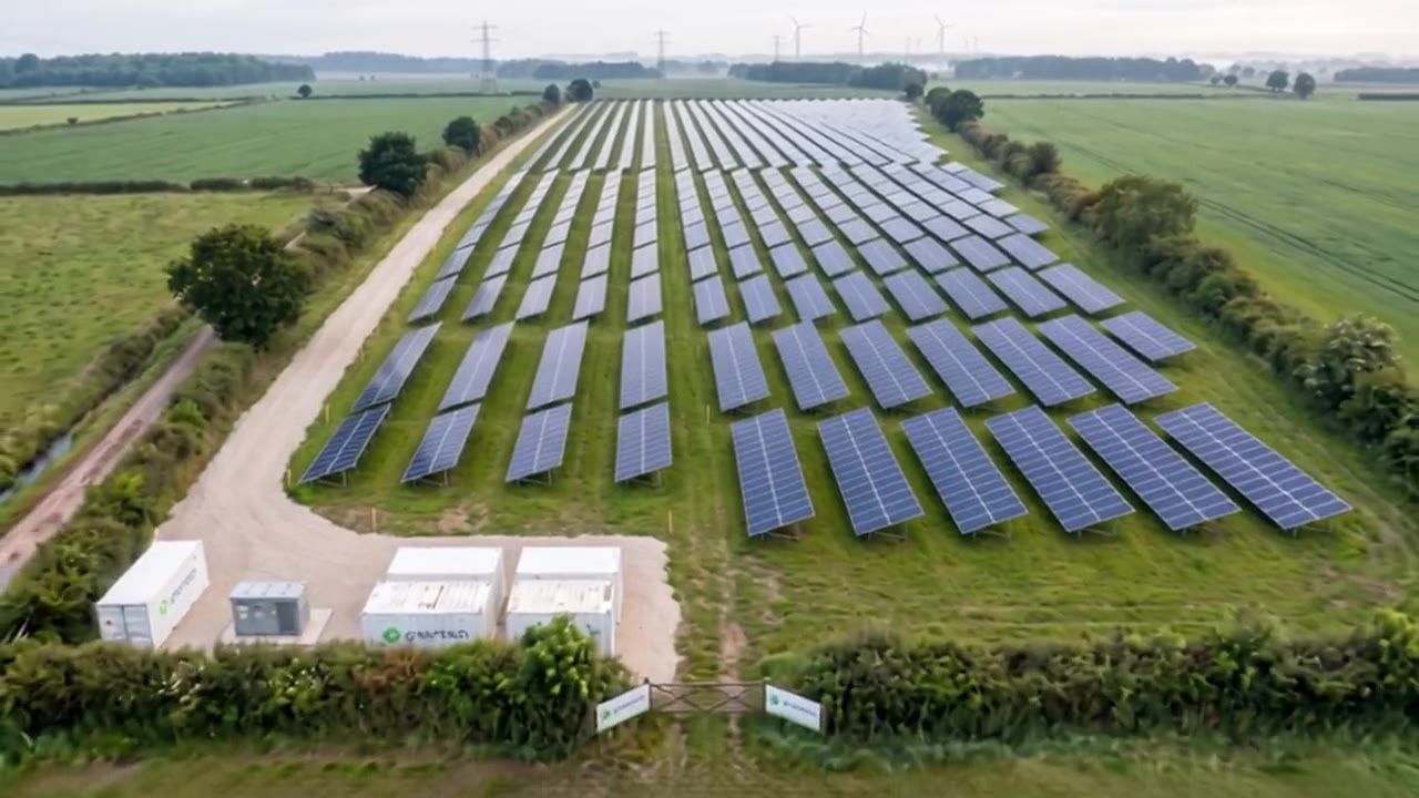 The finished solar park from the air: long rows of modules between hedges, the greentech battery containers by the gate