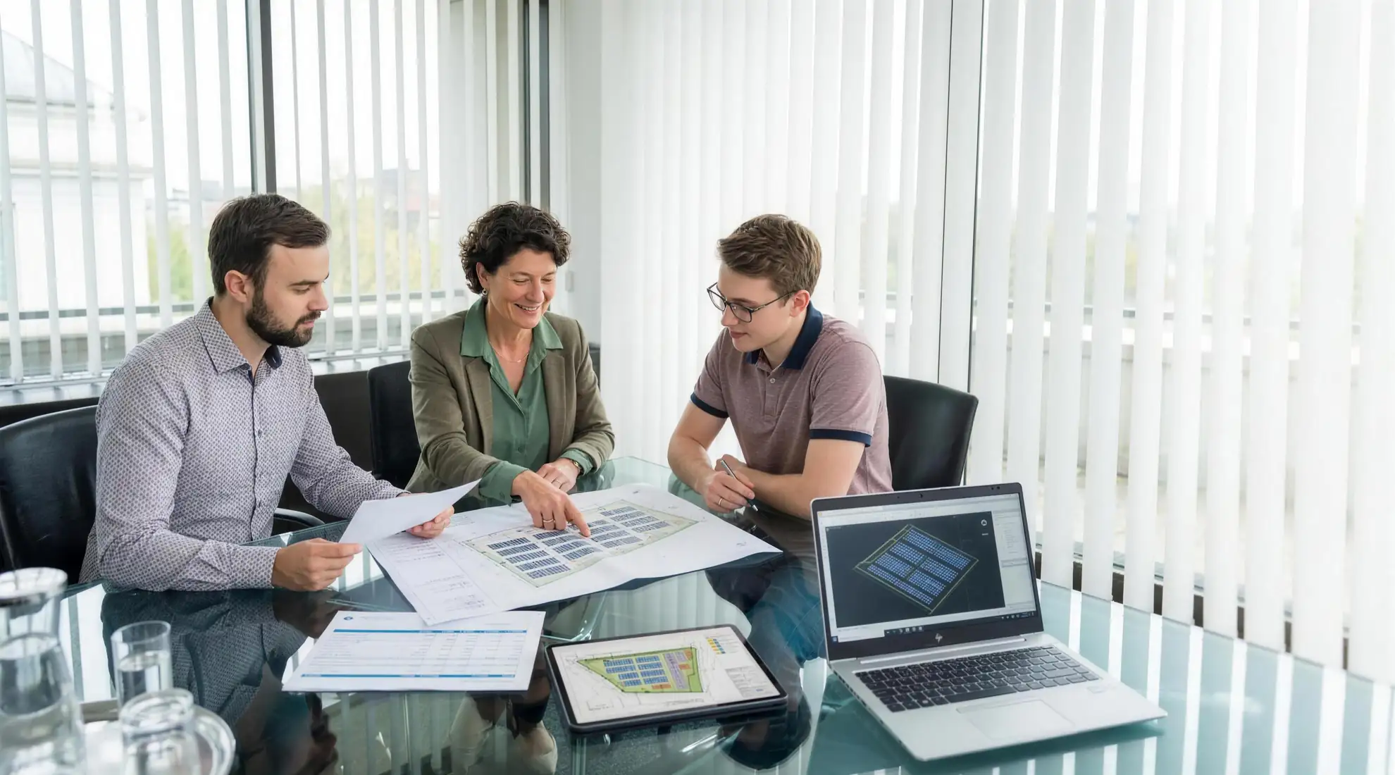 Three greentech colleagues at a glass meeting table work through site plans, a financial plan and a solar park layout on a laptop and tablet.