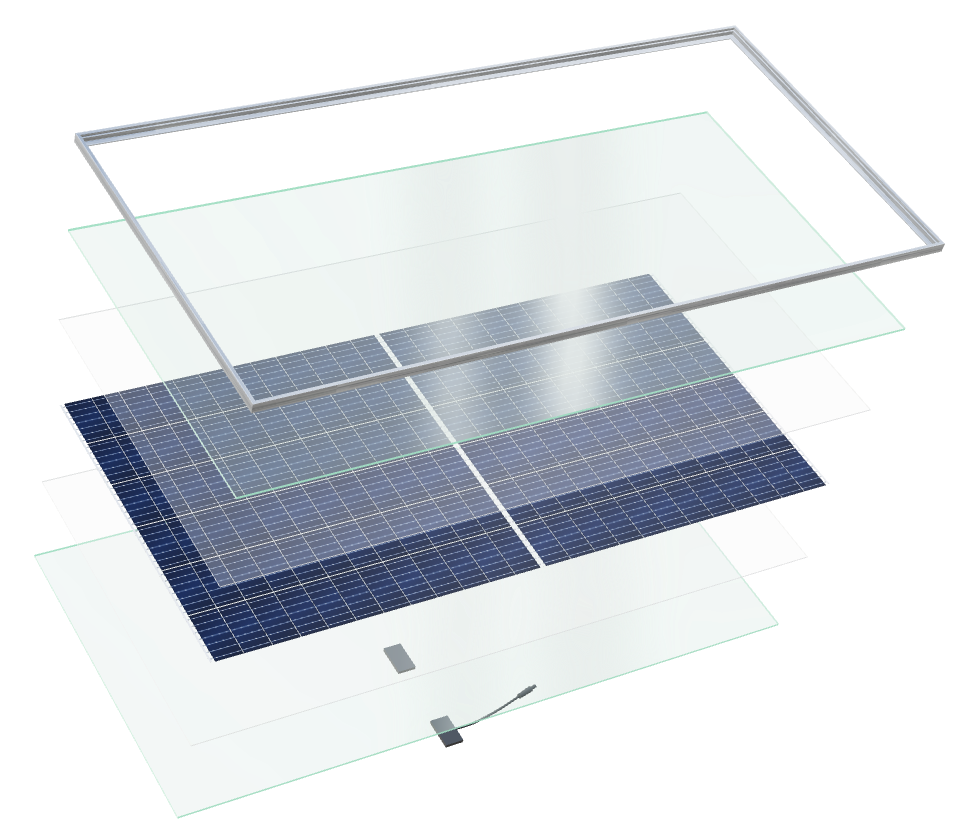 Exploded drawing of a glass-glass solar module: frame, front glass, encapsulant, cell matrix, rear encapsulant, rear glass and junction boxes
