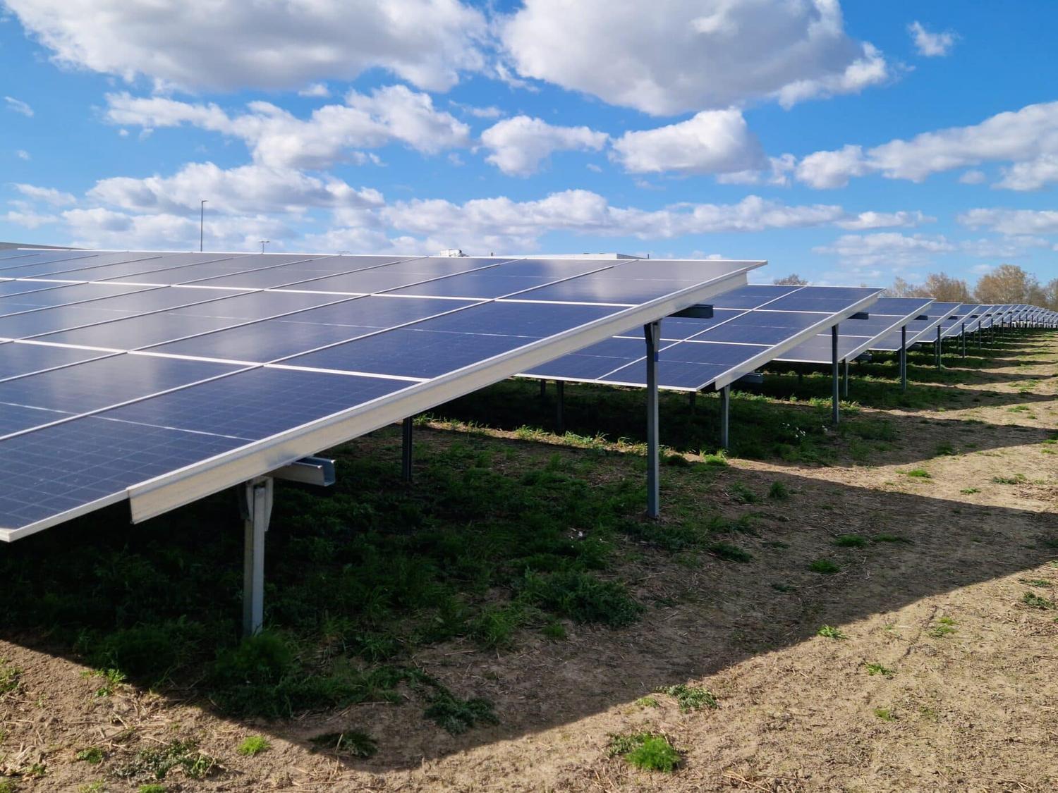 Rows of solar modules on steel posts under a blue sky with white clouds.